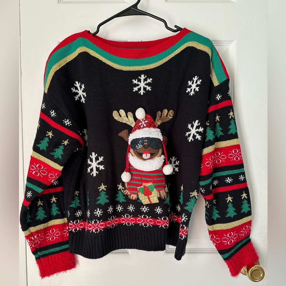Holiday Dog-Themed Black and Red Sweater Ugly Christmas Sweater